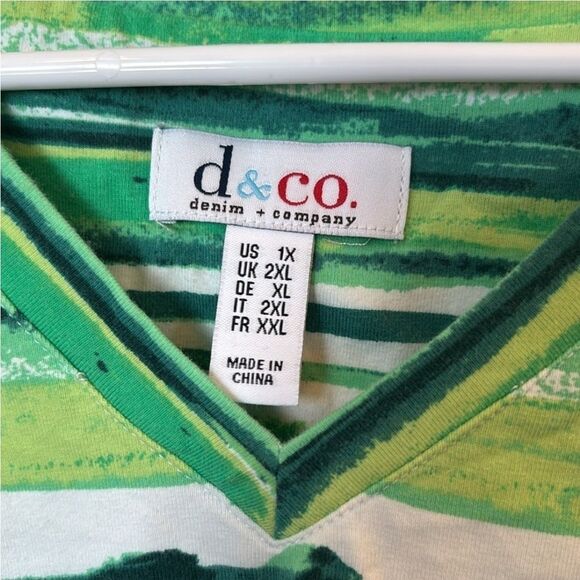 Denim Co Vneck Tshirt Womens Plus Size 1X Green Striped Short Sleeve Top Blouse - Picture 3 of 5